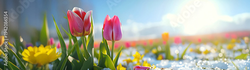 Colorful tuip flowers and grass growing from the melting sun, blue sky and sunshine in the background. Concept of spring coming and winter leaving.