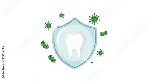 A pristine white tooth is centrally protected by a translucent blue shield, surrounded by several green virus-like microbes on a clean white backdrop.