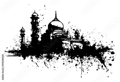 Majestic mosque silhouette with intricate architectural details and ink splatter effects