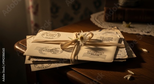 Pile of Vintage Letters Tied with Ribbon and Flower