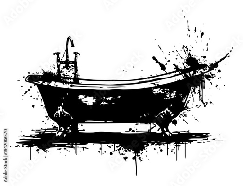 Vintage clawfoot bathtub illustration featuring artistic black ink stains and grunge style