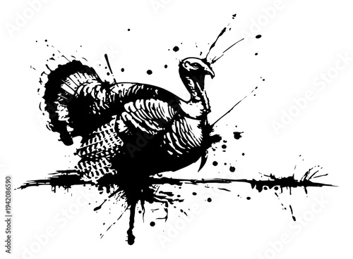 Detailed turkey bird graphic with expressive ink splatter textures and stencil elements