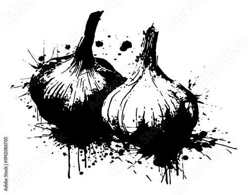 Detailed garlic bulbs still life with artistic black ink drips and splatter effects
