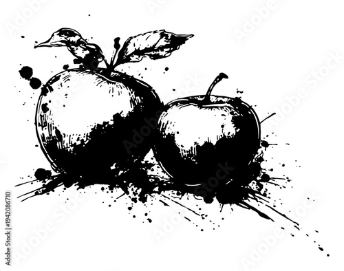 Two apples fruit illustration with artistic black ink splatters and sketchy details