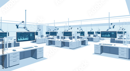 A large, modern blue-tinted open-plan office features numerous white desks with glowing computer monitors and overhead robotic lighting fixtures.