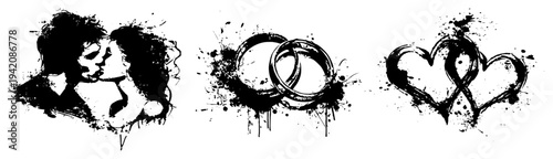 Set of romantic symbols including kissing couple and wedding rings with ink splatter texture