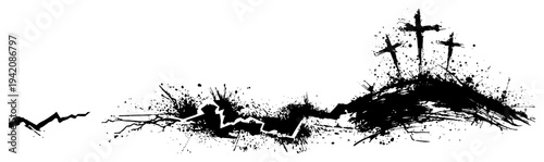 Calvary hill with three crosses in artistic black ink splatter grunge style
