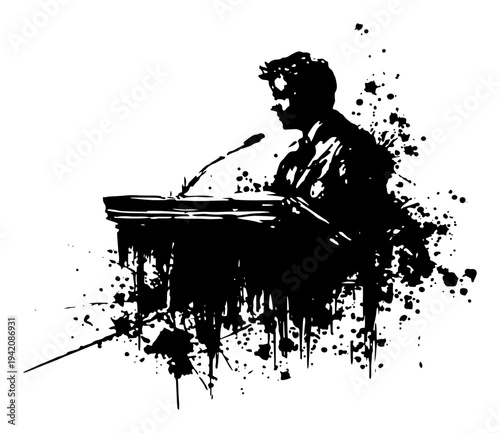 Speaker silhouette at a podium with artistic black ink splatters