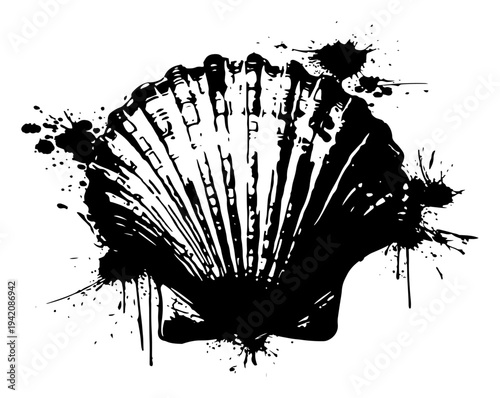 Detailed seashell illustration with creative ink drops and grunge texture