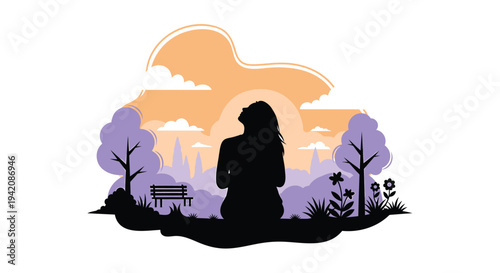 Vector silhouette of woman in park at sunset