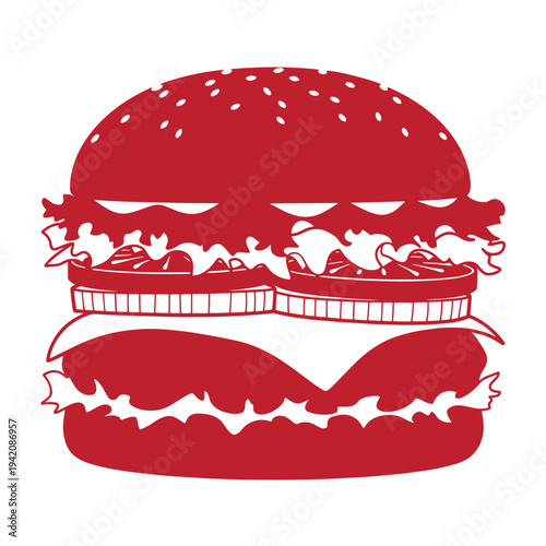 Red burger illustration with sesame seed bun lettuce tomato and cheese on white background