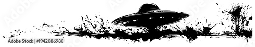 Flying saucer UFO horizontal banner with artistic black ink splatters