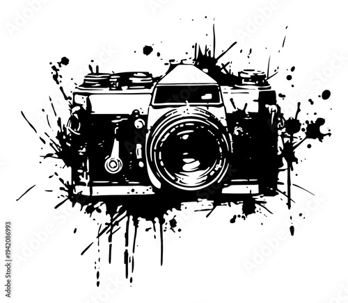 Retro analog camera illustration featuring expressive ink splatter textures