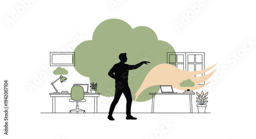 Vector illustration of man with arms outstretched in office