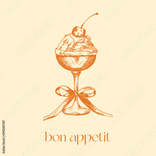 Coastal Italy ice-cream, cherry and bow print set. La Dolce Vita illustrations in a poster frame. Sketch style food doodles. Art for greeting cards, wedding invitations, postcard. bon appetit