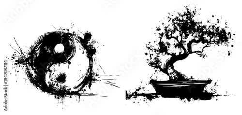 Zen bonsai tree and yin yang symbol in artistic black ink splatter design