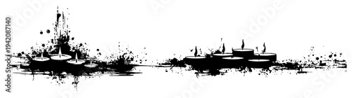 Set of burning candles in artistic black ink splatter and grunge border style