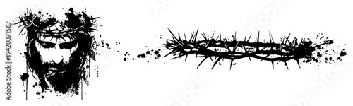 Dramatic portrait of Jesus Christ with a crown of thorns in artistic ink splatter style