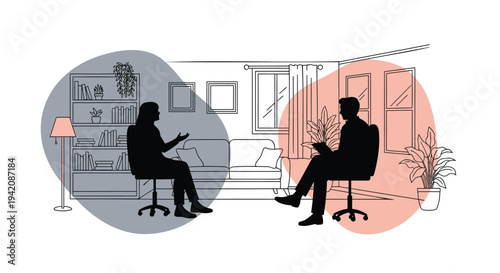 Vector illustration of two people sitting in office and home environments