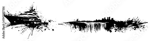 Modern luxury yacht and scenic waterfall landscape with artistic black ink splatter effects