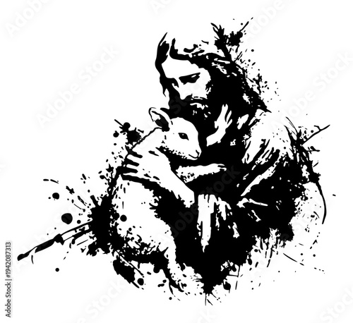 Jesus Christ the good shepherd holding a lamb in artistic black ink splatter style