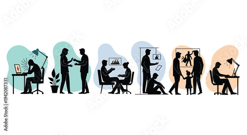 Set of 7 office worker silhouettes vector