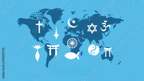 World Map with Religious Symbols Overlay.