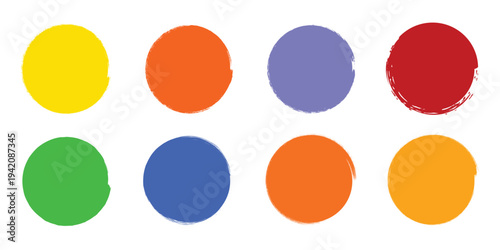 Colorful grunge circle background set. Round brush stroke badges for retail sale tags and infographic stickers. Vector blank paint spots. 