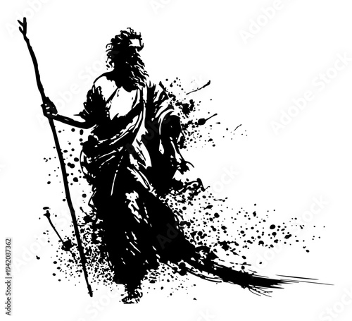 Ancient biblical prophet with staff walking through dramatic black ink splatter and grunge