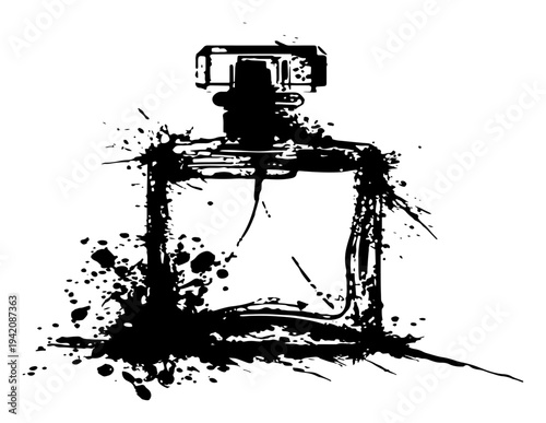 Luxury perfume glass bottle illustration with artistic black ink splatters and grunge texture