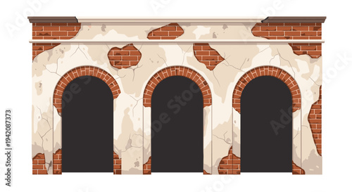 A decaying architectural facade featuring three dark arched openings is depicted with crumbling plaster revealing red bricks on a clean white background.