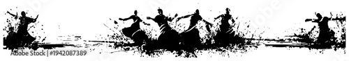 Sufi whirling dervishes dance silhouette border in artistic black ink splatter and grunge style