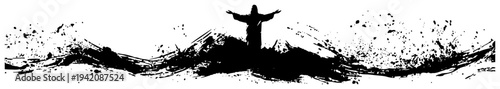 Wide horizontal panoramic border with jesus statue christ the redeemer in black ink style