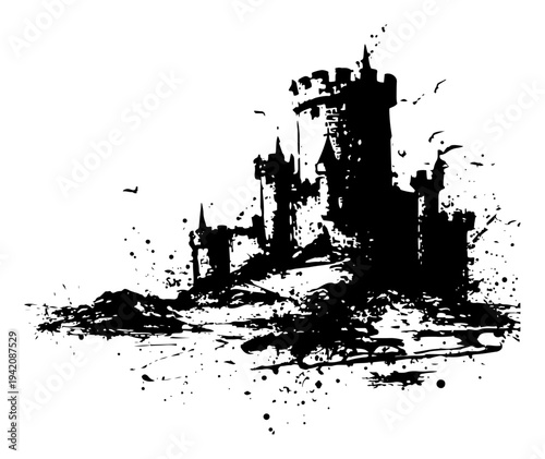 Majestic medieval castle silhouette with artistic black ink splatter texture