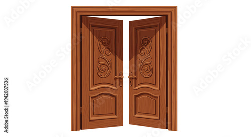 Two identical ornate brown wooden doors with gold handles and carved scrollwork are depicted slightly ajar on a clean white background.