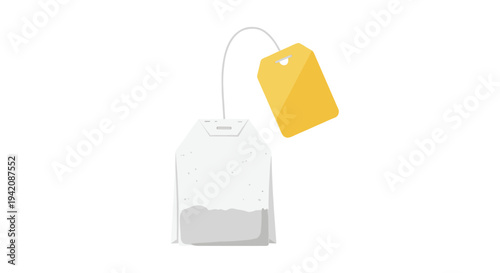 A single white rectangular tea bag with visible tea particles and a yellow square tag is depicted floating on a white background.