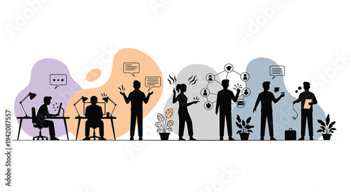 Set of 8 people working and communicating vector illustrations