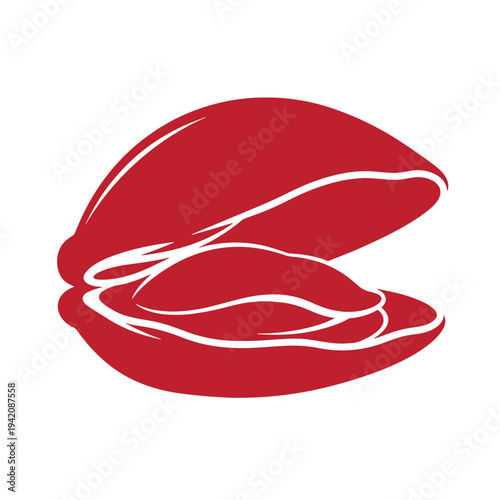 Red clamshell icon with smooth lines and white accents on white background