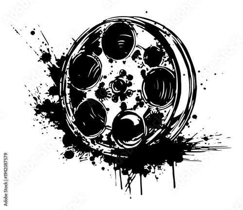 Cinema film reel vector graphic with artistic messy ink splatters