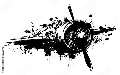 Vintage propeller aircraft illustration with expressive black ink splatters