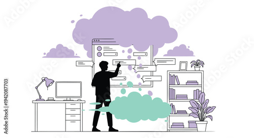 Vector illustration of man interacting with digital interface in modern office