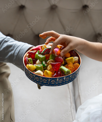 Colorful Ramadan Eid Candy and Chocolate in the Traditional Ottoman Cuisine Desserts Photo, Eid Celebration Among Family Photo, Üsküdar Istanbul, Turkiye (Turkey)	