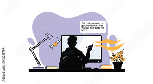 Vector illustration of a person working on a computer with a lamp and plants