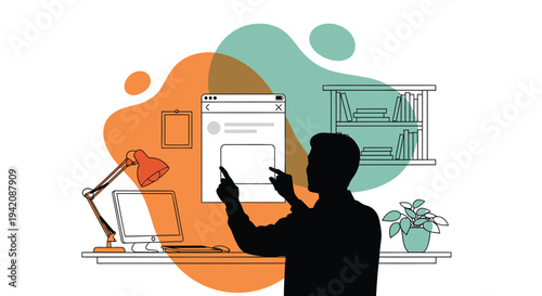 Vector illustration of a person working on a computer, office background