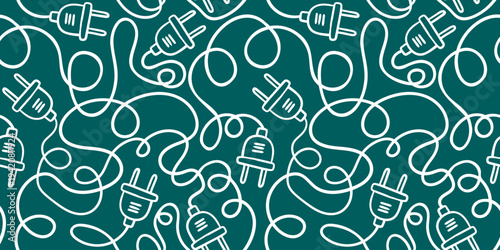 hand drawn electric plug seamless pattern with tangled cable wires on teal background for electrical connection and power design