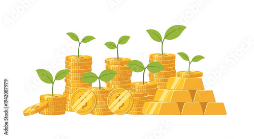 Various stacks of shiny gold coins with green saplings growing from them are arranged with gold bars on a mound of dark brown soil.
