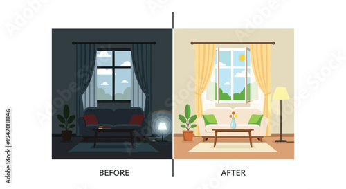 A split illustration contrasts a dark nighttime living room with a bright daytime scene, showcasing a grey couch, coffee table, and plants.
