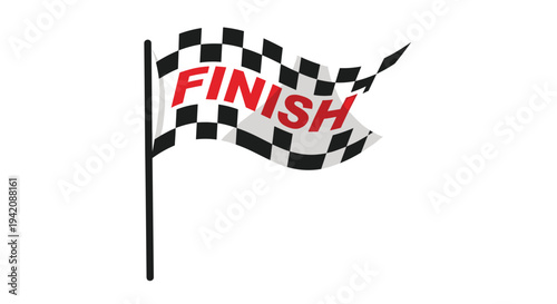 A black and white checkered finish flag with the word FINISH in bold red letters waves from a grey pole on a clean white background.