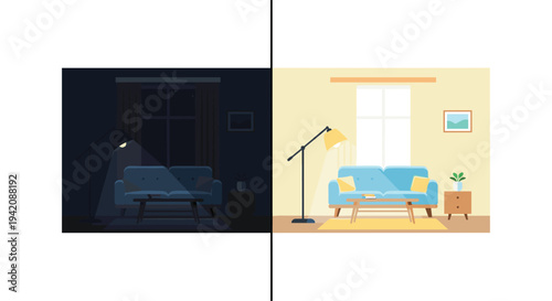 A split illustration contrasts a dimly lit nighttime living room with a bright daytime scene, featuring a blue sofa and floor lamps.