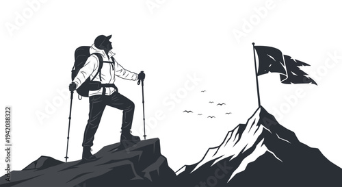 Climber standing triumphantly on mountain peak with flag illustration